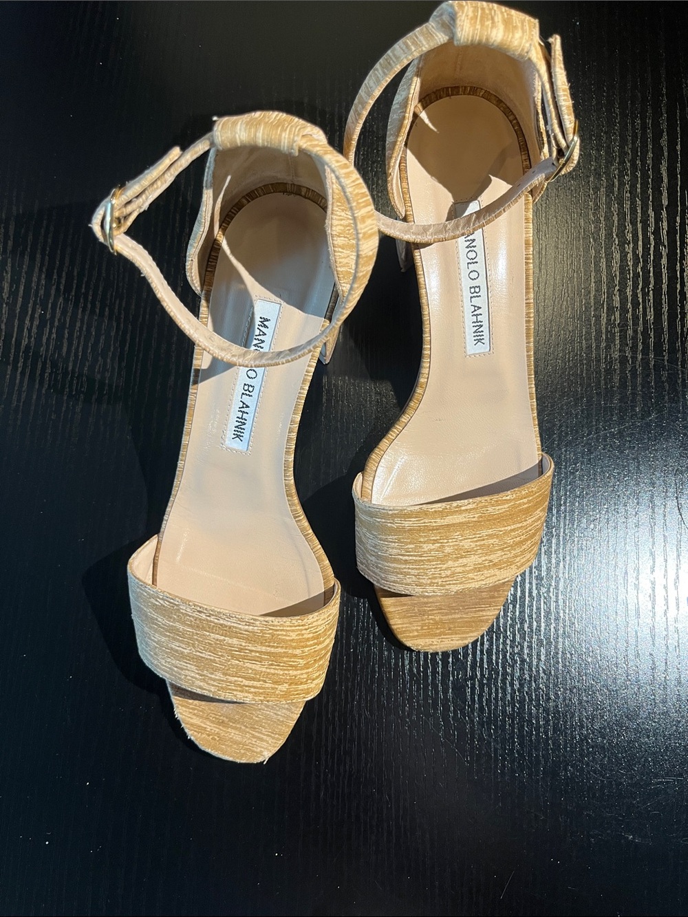 Manolo Blahnik Tan Textured Ankle-Strap Sandals